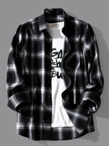 Men's Long Sleeve Plaid Flannel Shirt - 黑色 - 查看 3
