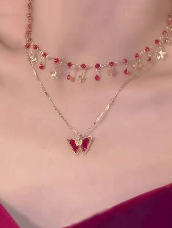 2 piezas Collar con colgante de mariposa roja soñadora para mujer, cadena de clavícula de doble capa, diseño lujoso y elegante