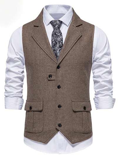 1 件装男士人字形单排扣拼布复古翻领休闲马甲