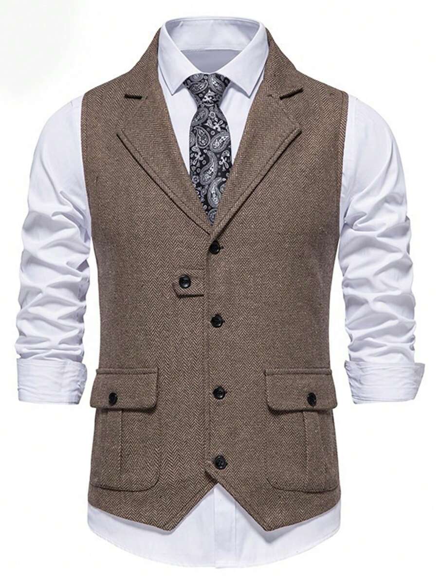 1 件装男士人字形单排扣拼布复古翻领休闲马甲 - 咖啡棕 - 查看 1