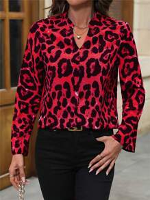 Women's V-Neck Leopard Print Long Sleeve Shirt, Autumn - Red - View 1