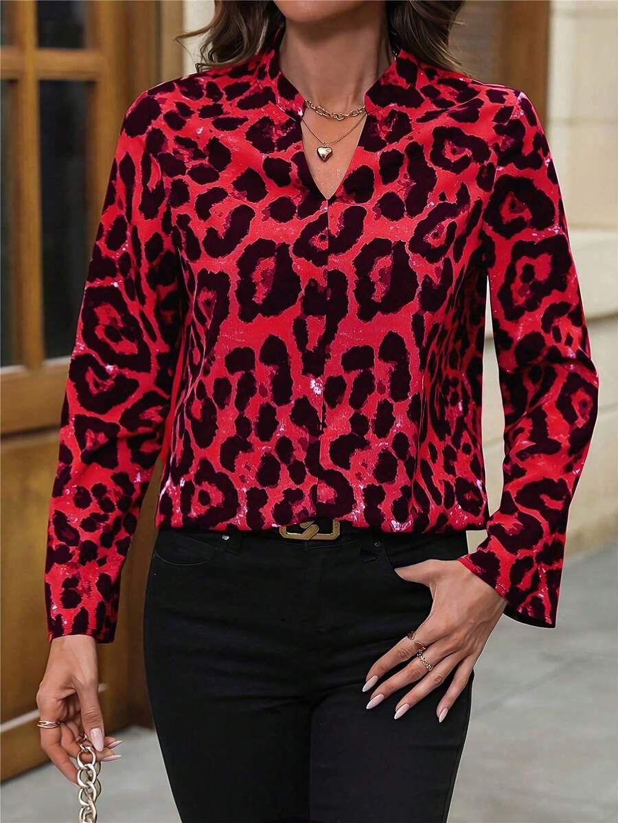 Women's V-Neck Leopard Print Long Sleeve Shirt, Autumn - Red - View 1