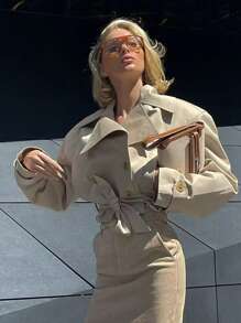 Chaqueta de mujer de primavera y otoño con cuello de solapa, manga larga, un solo botón y cinturón, estilo de calle - Caqui - Ver 1