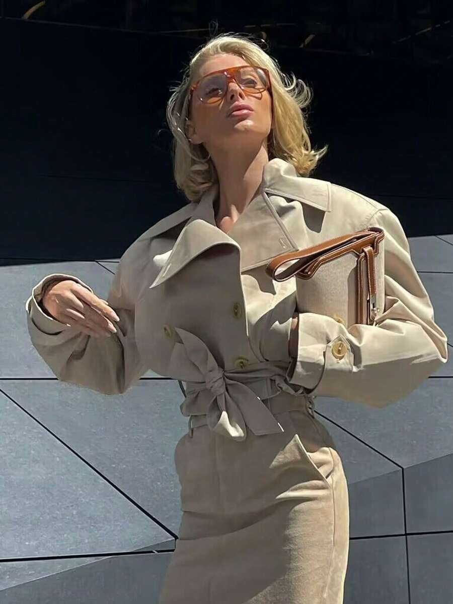 Chaqueta de mujer de primavera y otoño con cuello de solapa, manga larga, un solo botón y cinturón, estilo de calle - Caqui - Ver 1