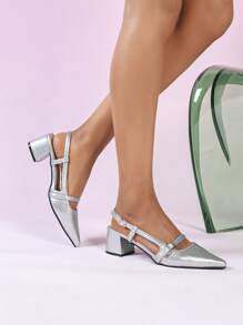 Women's Pointed Toe Chunky Heel Open Back Fashion Sandals - Silver - View 8