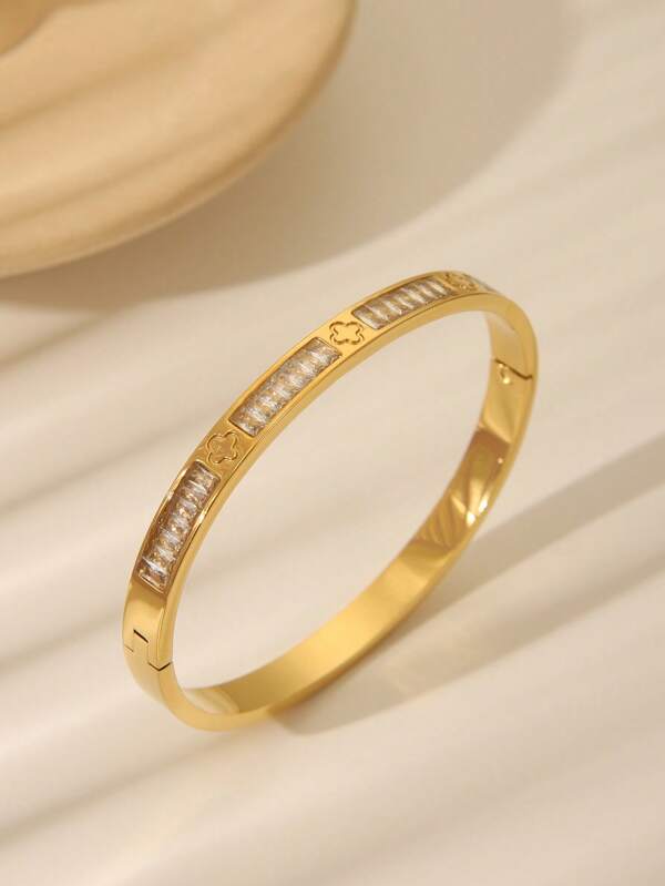 1pc Stainless Steel 18K Gold Plated Rectangular Bangle Bracelet With White Cubic Zirconia, Suitable For Women's Daily Wear