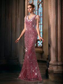 时尚勃艮第女士仿珍珠装饰鱼尾下摆礼服裙 - 酒紅色 - 查看 3