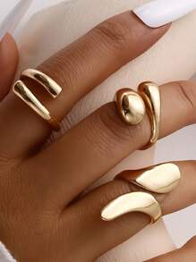 3pcs Fashionable Asymmetrical Geometric Smooth Open Rings, Suitable For Women's Daily Wear - Yellow Gold - View 3
