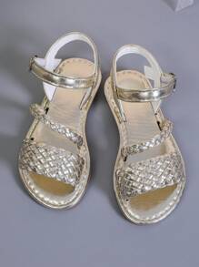 1 Pair Gold Shiny PU Woven Strap Flat Sandals For Boys, Round Toe ...