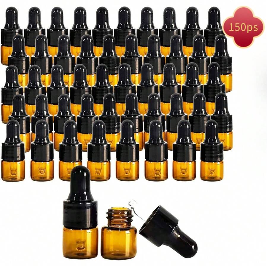 150Pcs Amber Glass Mini Dropper Bottle 1ml Amber Essential Oil Bottles Vials Travel Cosmetic Sample Container Liquid Perfume Eye Droppers Bottle (1ml)