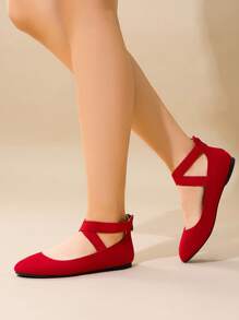 Women Ballet Flats Cross Elastic Ankle Straps Round Toe With Back Zipper Fashion Elegant Comfortable Daily Dress Versatile Non-Slip Flats Shoes - Đỏ - Xem 2