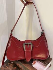 酒红色复古时尚法棍包，简约新月形女士单肩包，酒红色甜美清爽可锁腋下包，小众设计性感单肩/斜挎包 - 彩色 - 查看 10