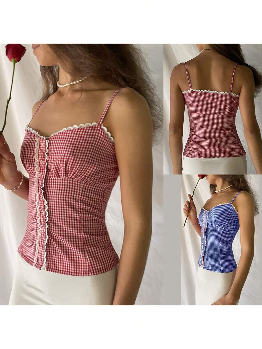 Gingham Tops For Women Y2K Plaid Cami Tank Top Vintage Aesthetic Spaghetti Strap Slim Fit Tank Fairycore Crop Tops - Red - View 1