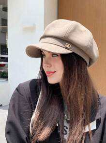 1pc Letter Buckle Octagonal Cap Beret Hat, Fashionable Brimmed Beret Cap, Suitable For Women, Versatile Spring/Summer Korean Style, Fits Large Head - Black - View 10