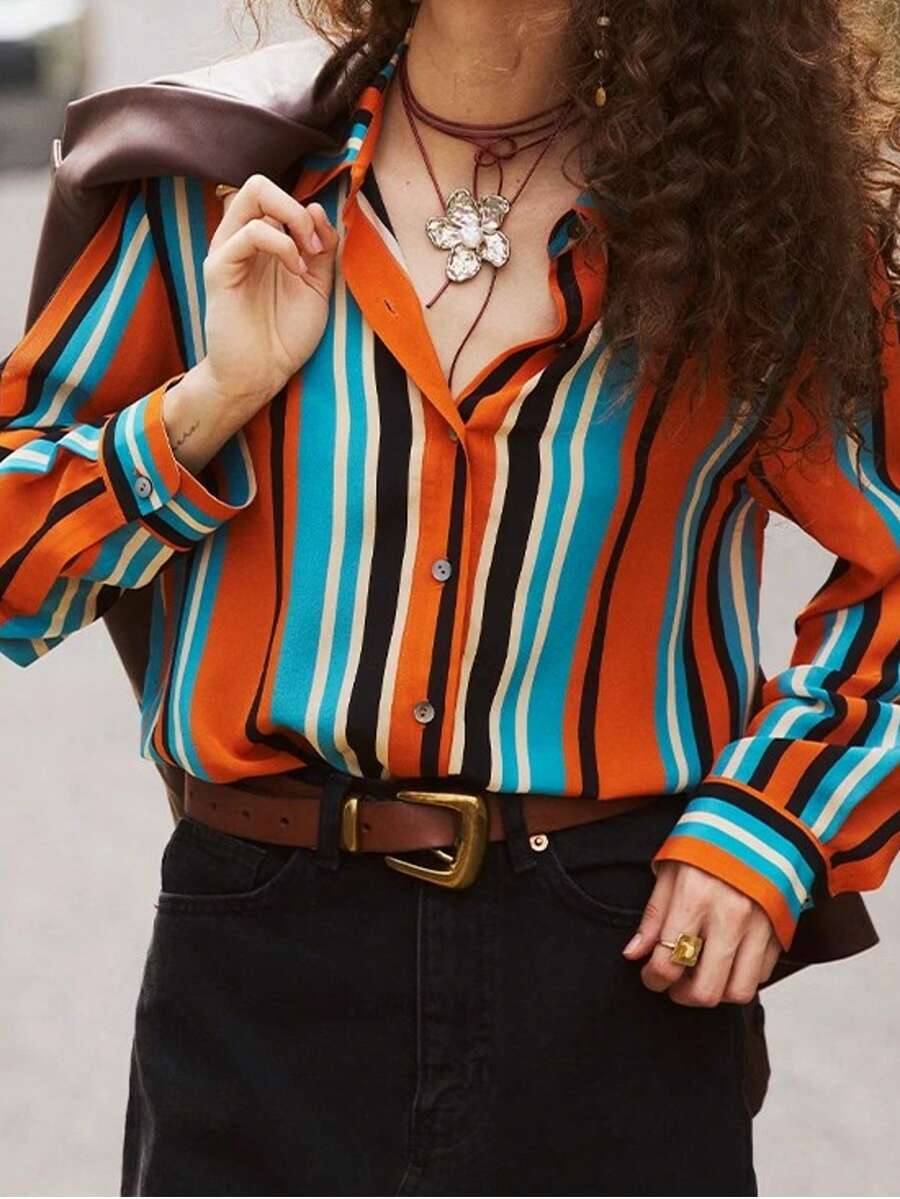 2025 Spring/Summer New Loose Long Sleeve Top, Chic Versatile Printed Blouse - Orange - View 1