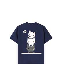 Tween Girls Casual Cat Print Round Neck Short Sleeve T-Shirt, Summer Top - Navy Blue - View 3
