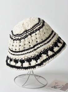 Japanese Style Foldable Breathable Bucket Hat, Handmade Patchwork Design, Summer, Versatile, Round Top, Hollow-Out Decor, Polyester Material - A - View 10