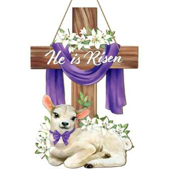 He Is Risen Easter Decoration Wooden Wreaths For Front Door Sign Cross Sign Door Wall Signs, Sheep Christian Jesus Lily Flowers Ornaments Hanging Crafts For Spring Home Farmhouse Party Porch Decor