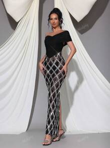 Modphy Abito lungo nero in tulle lucido e aderente con decorazioni di cristalli e paillettes, scollo spalle scoperte, adatto per invitati a matrimoni, vacanze, danza, feste, cene formali, abito da sera