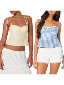 Women Camisole, Y2k Gingham Tank Top Sleeveless Tie-Up Backless Plaid Top Slim Fit Summer Vest For Party Club - 黃色 - 查看 3