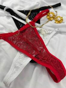 Kit 3 Lace Heart Thongs Sexy Lingerie With Pendant Thong Panties Sensual Lingerie - 彩色 - 查看 3