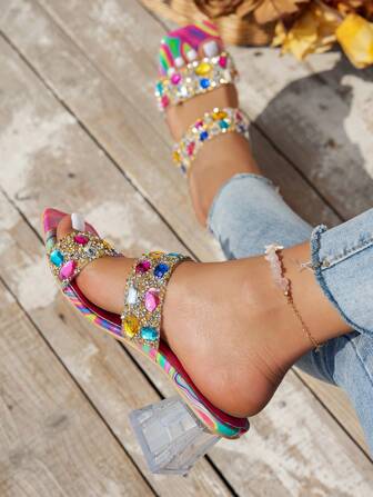 Women's Colorful Rhinestone High Heel Sandals, Comfortable Casual Open Toe Transparent Crystal Heel Slides, Suitable For Outdoor, Beach, Party, Summer