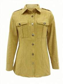 Plus Size Women Corduroy Classic Retro Collar Button Pocket Utility Jacket - Yellow - View 3