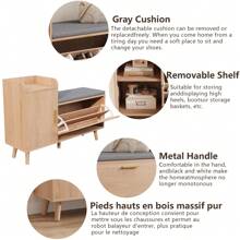 Shoe Storage Bench - Shoe Cabinet - Rattan Front - Chipboard - Metal Surfaces - Fabric Cushions - Folding Door - Dressing Room Entrance - L100 X D30 X H69 Cm - 卡其色 - 查看 10