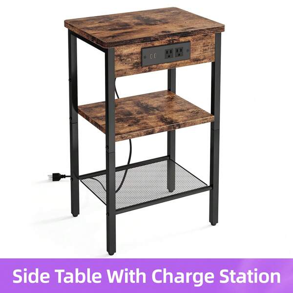 Superlele 3-Tier Night Stand With Charging Station, End Table With Storage Shelf, Side Table For Living Room, Bedroom, Rustic Brown And Grey