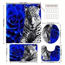 4pcs Blue Flowers And Leopard Shower Curtain Gift Modern Home Bathroom Decoration Curtain And Toilet Floor Mat 3-Piece Set With 12 Shower Curtain Hooks Fall Decor Bathroom Accessories Back To School