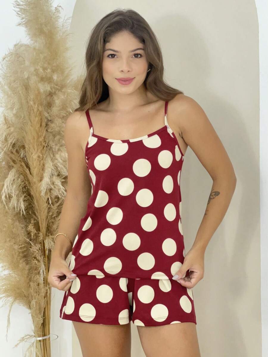 Baby Doll Women's Pajama Set Basic Strappy Suede Print Comfortable - Red - View 1