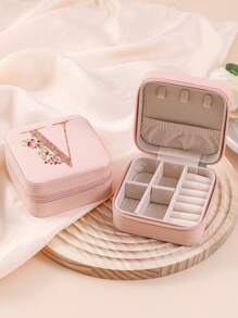 1pc Caixa de joias rosa com flores rosas, caixa de joias de viagem da moda com letras de ouro rosa, caixa de joias de viagem de presente personalizada, presentes de aniversário para mulheres, presentes de Natal para meninas adolescentes, iniciais, caixa de joias de viagem A-Z