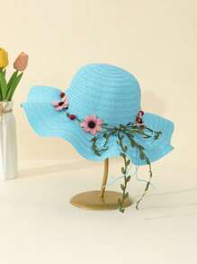 1 件女童米色波浪边太阳帽，带花卉蝴蝶结装饰，波西米亚风格，适合夏季户外活动、海滩度假、日常穿着、母女搭配 - 花環波浪草帽 - 查看 10