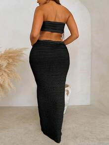 两件套性感露脐吊带背心和高腰系带紧身长裙，黑色夏季款 - 黑色 - 查看 4