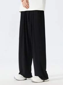 Plus Size Black Silk-Like Casual Pants, Solid Color With Draping, Suitable For Summer - Black - View 3