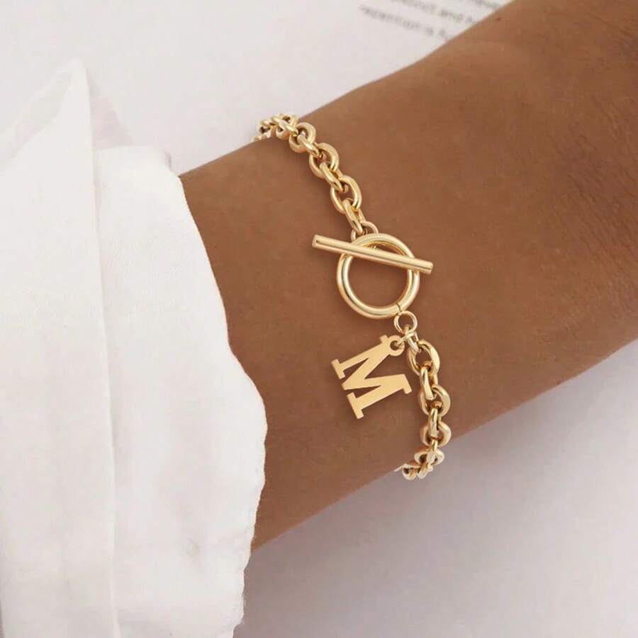 1pc Classic Fashion Stainless Steel Initial Bracelet For Women Toggle Clasps Gold Color Chain Bracelets For Women