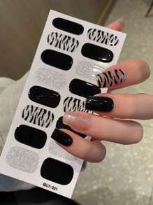 1 件指甲贴纸，全指甲包裹，防水指甲贴花，自粘且易于使用，适合女性，非常适合假期和派对 - 黑色 - 查看 4