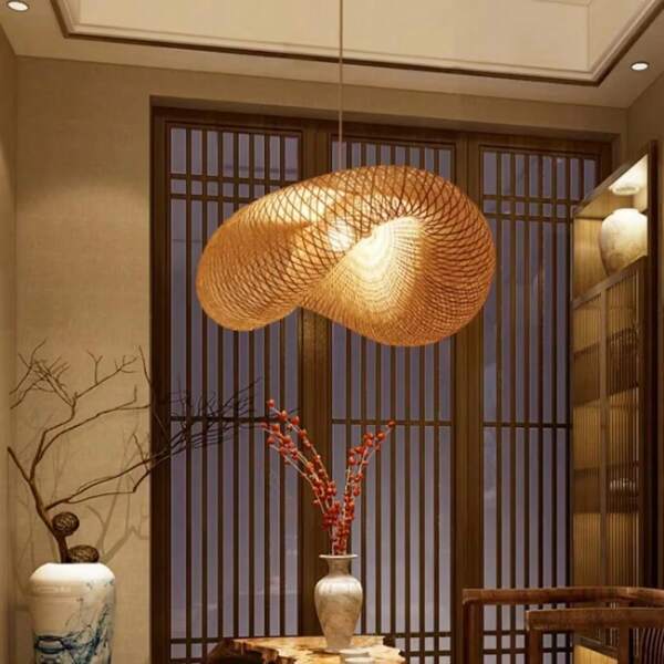 Japanese Design Bamboo Birds Nest Chandelier Hand-woven Personality Wave Hat Creative Hot Pot Restaurant Hotel Pendants Lamps(No Bulb))