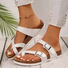 Women's Retro Style Flat Sandals,Toe Ring Cross Strap Cork Sandals,With Adjustable Buckle Casual Summer Sandals - trắng - Xem 9