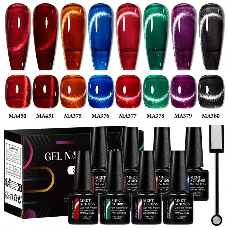 8pcs 7ml Cat Eye Gel Nail Polish Set, Red Blue Magnetic Cateye Gel Polish With Magnet Stick Included, Semi Permanent Soak Off Nail Art UV Gel Varnish For Valentines Decor Manicure Kit With Box Nail Art DIY Gift For Women Nails - 彩色 - 查看 1