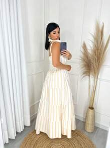 Long Striped Colorful Tricoline Strap Dress - Beis - Ver 2