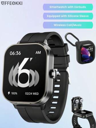  EFFEOKKI 智能手表二合一耳塞带硅胶套无线 TWS 耳机耳机接听电话血压运动智能手表兼容 iPhone Android 手机