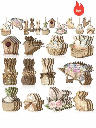 12pcs/24pcs/36pcs Spring Easter Decorative Trees, Spring Floral Tulip Decor, Easter Bunny Egg Wooden Ornaments, Farmhouse Hanging Signs, Suitable For Holiday Spring Easter Party Home Tree Decoration