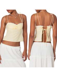 Women Camisole, Y2k Gingham Tank Top Sleeveless Tie-Up Backless Plaid Top Slim Fit Summer Vest For Party Club - 黃色 - 查看 2