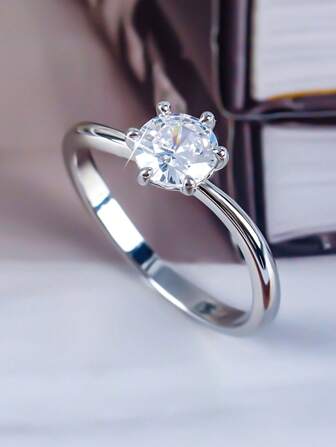 1 szt. Elegancki wysokiej jakości pierścionek z 6-zębowym białym cyrkoniowym kamieniem, odpowiedni na ślub kobiet, zaręczyny, walentynki, zaręczyny, codzienne noszenie