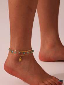 GEREIT Set de 3 piezas de colgante y tobillera con estilo bohemio, enchapado en oro de 18K, con turquesa y conchas marinas en capas, adecuado para uso diario y vacacional de mujeres - concha - Ver 3