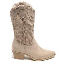 Bottes Mi-Mollet Style Western En Suede Ajourée - Beige - View 2