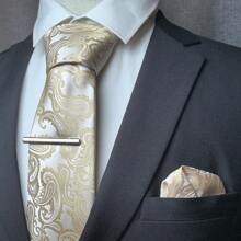 3pcs Set: Men's Classic 3.15-Inch Paisley Necktie, Matching Pocket Square, And Silver Tie Clip Combo, Ideal As Men's Gift, Suitable For Business, Weddings, Grooms, Groomsmen, Parties, Festivals And More - Three-piece Set - View 18