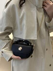 迷你链条翻盖马鞍包，女士商务休闲包，适合办公室、商务和工作场合 - 黑色 - 查看 4