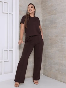 Women's Set Of Wide Leg Pants And Comfortable Sweatshirt Top Summer - Rỉ Nâu - Xem 1